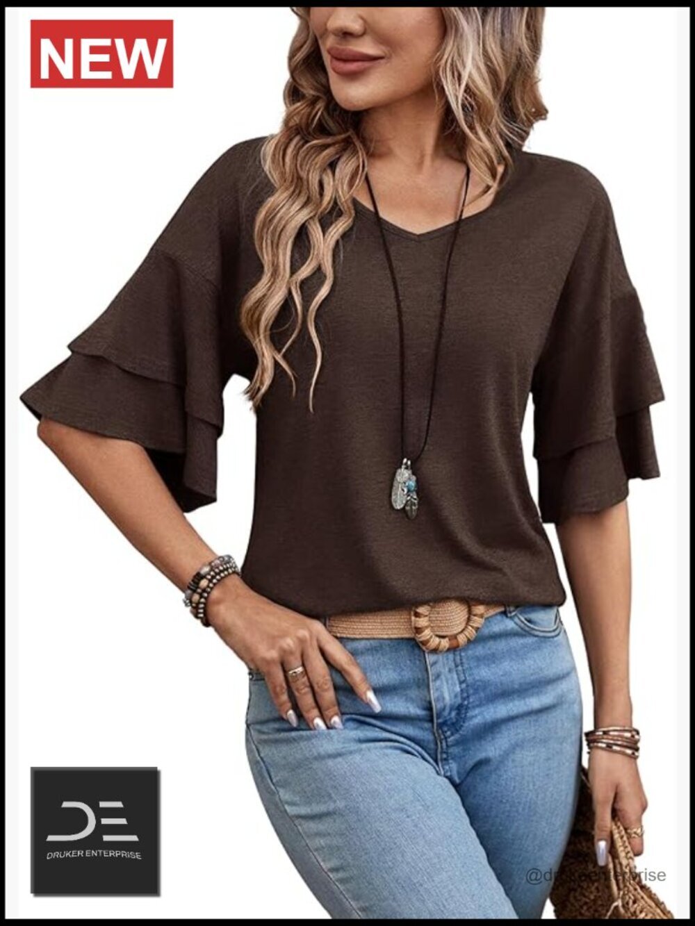 Womens 3/4 Length Sleeve Ruffle V Neck Tunic Blouse